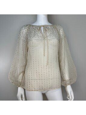 Vintage 1970s Sheer Cream Blouse, Glitter Polkadots, Anthony Muto AM/PM, Small